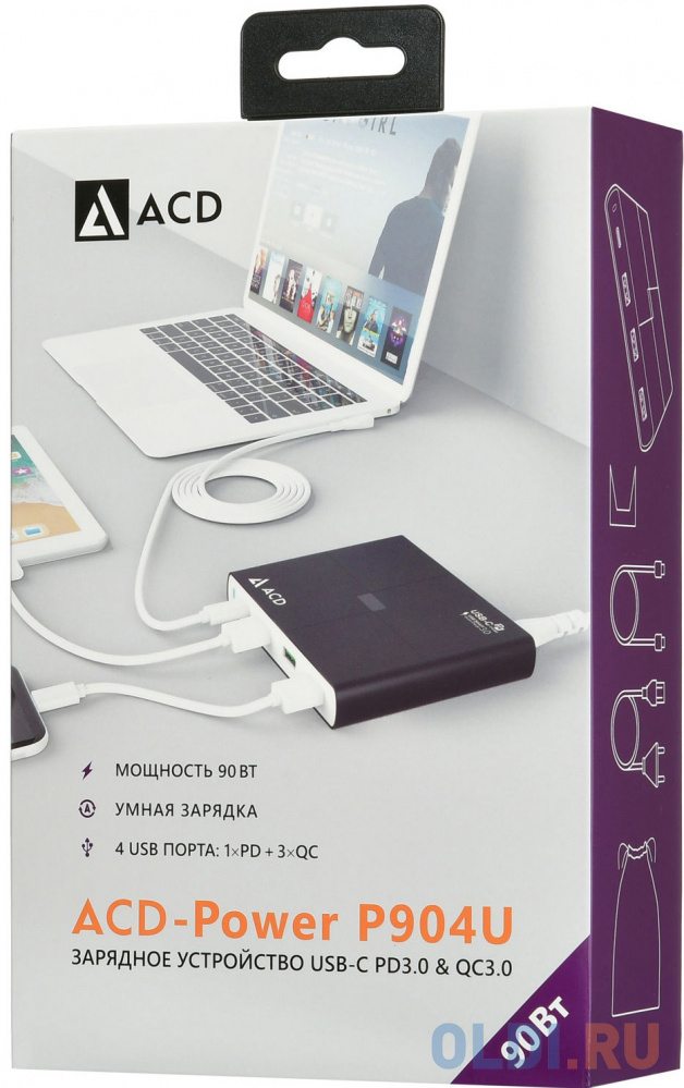 Сетевое зарядное устройство ACD ACD-P904U-V1B 3/2/1.5 А USB-C черный зарядное устройство crown cac209001x 20в b3 9 а 250 вт