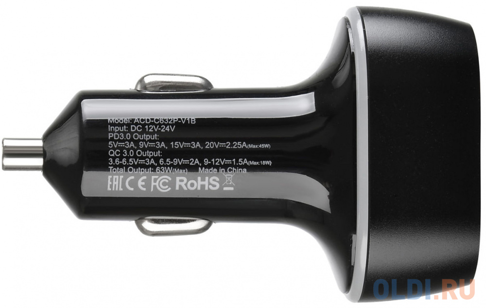 Автомобильное зарядное устройство ACD ACD-С632P-V1B 3/2/1.5 А USB-C черный фото