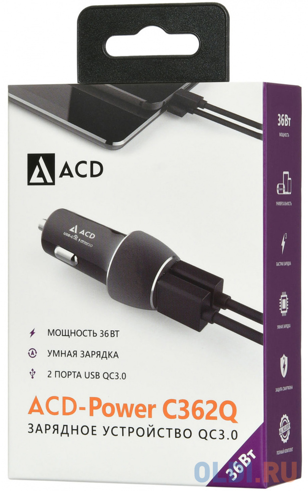 Автомобильное зарядное устройство ACD ACD-С362Q-V1B 3/2/1.5 А USB-C черный автомобильное зарядное устройство orient qc 12v3b 3 5а 2 х usb usb c