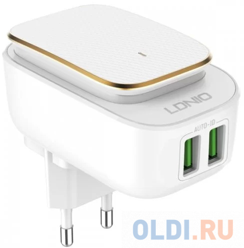 LDNIO LD_B4371 A2205/ Сетевое ЗУ + Led светил. 2.4W + Кабель Micro/ 2 USB Auto-ID/ Выход: 12W/ White&Gold