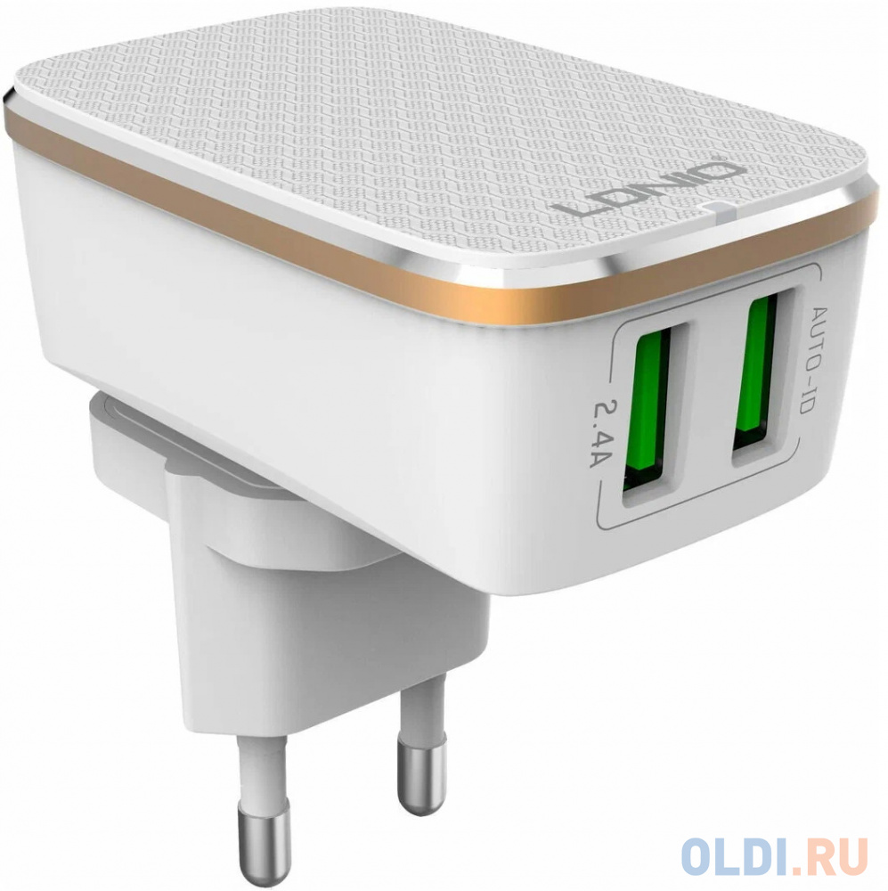 LDNIO LD_B4387 A2204/ Сетевое ЗУ + Кабель Micro/ 2 USB Auto-ID/ Выход: 12W/ White&Gold