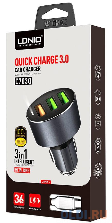 Автомобильное зарядное устройство LDNIO C703Q 3.6 А USB-C серый LD_B4414 - фото 2