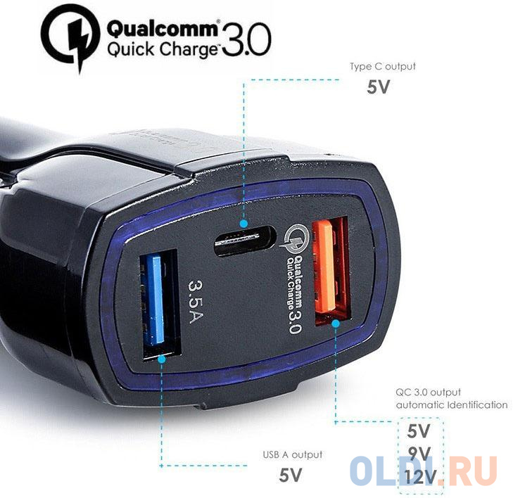 Автомобильное зарядное устройство ORIENT QC-12V3B 3.5А 2 х USB USB-C черный - фото 4
