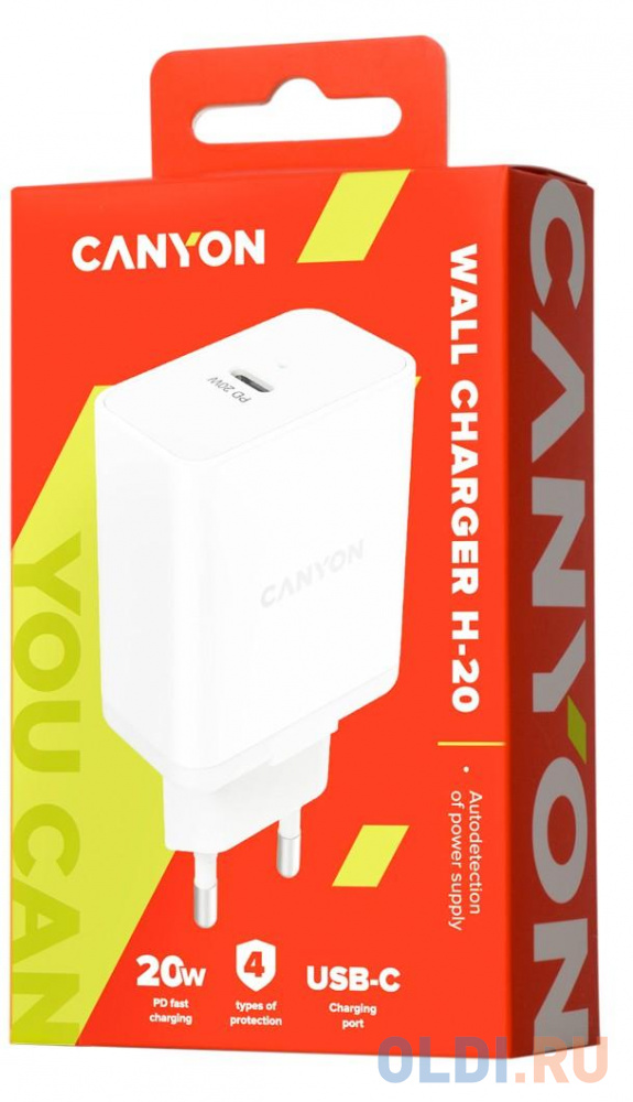 Canyon, PD WALL Charger, Input: 110V-240V, Output:PD 20W, Eu plug, Over-load,  over-heated, over-current and short circuit protection Compliant with CE RoHs,ERP. Size: 89*46*26.5mm, 52g, White, цвет белый CNE-CHA20W - фото 3