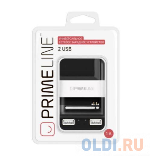 Сетевое зарядное устройство Prime Line 2313 для АКБ, 1A, 2 USB, белый/черный - фото 1