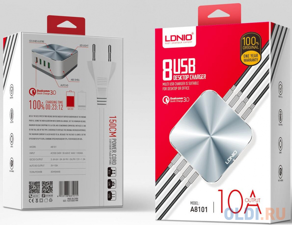 LDNIO LD_B4324 A8101/ Зарядная станция на 8 USB портов/ QC 3.0/ Выход: 5V_9V_12V, 50W/ White&Gray, цвет белый - фото 5