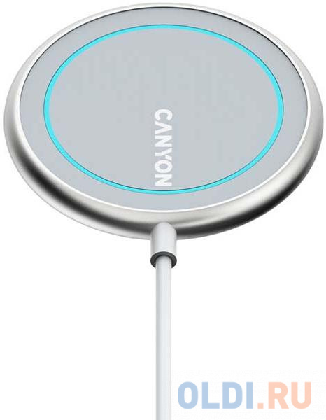 CANYON WS-100 Wireless charger, Input 9V/2A, 9V/2.7A, 12V/2A, Output 15W/10W/7.5W/5W, Type c cable length 1.5m, Acrylic surface+Aluminium alloy edge, 59*59*7mm, 0.06Kg, Silver, цвет серебристый