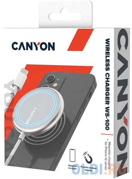 CANYON WS-100 Wireless charger, Input 9V/2A, 9V/2.7A, 12V/2A, Output 15W/10W/7.5W/5W, Type c cable length 1.5m, Acrylic surface+Aluminium alloy edge, фото
