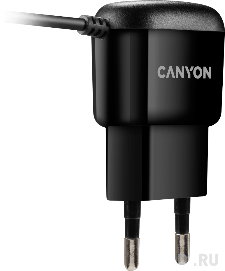 CANYON Wall charger with built-in 1m micro-USB cable, Input AC 100-240V(50/60Hz), Output 5.0V/1.0A, EU plug, 42*71*23mm, 0.037g, Black, цвет черный