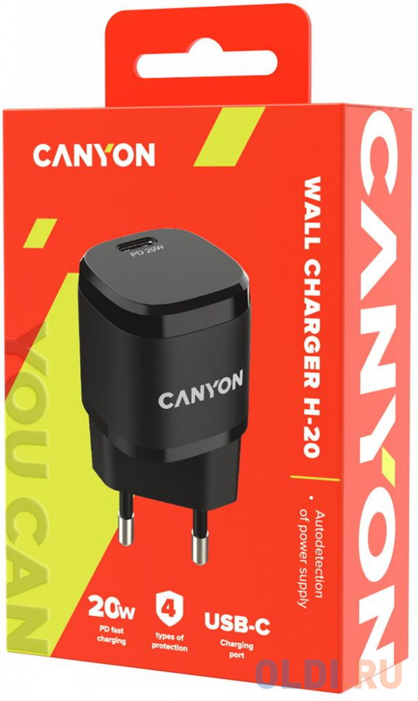 Canyon, PD 20W Input: 100V-240V, Output: 1 port charge: USB-C:PD 20W (5V3A/9V2.22A/12V1.66A) , Eu plug, Over- Voltage ,  over-heated, over-current and short circuit protection Compliant with CE RoHs,ERP. Size: 68.5*29.2*29.4mm, 32.5g, Black, цвет черный