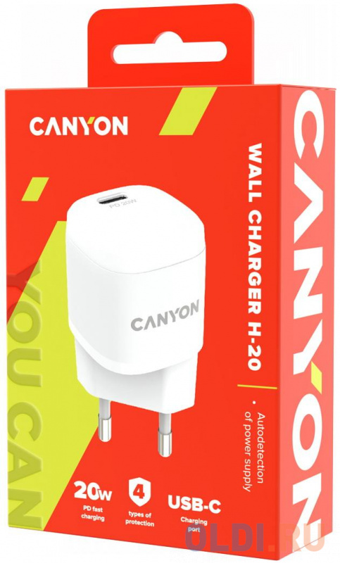 Canyon, PD 20W Input: 100V-240V, Output: 1 port charge: USB-C:PD 20W (5V3A/9V2.22A/12V1.66A) , Eu plug, Over- Voltage ,  over-heated, over-current and фото