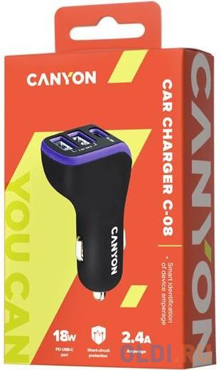 Автомобильное зарядное устройство Canyon CNE-CCA08PU 2.4А 2 х USB USB-C черный фиолетовый фото