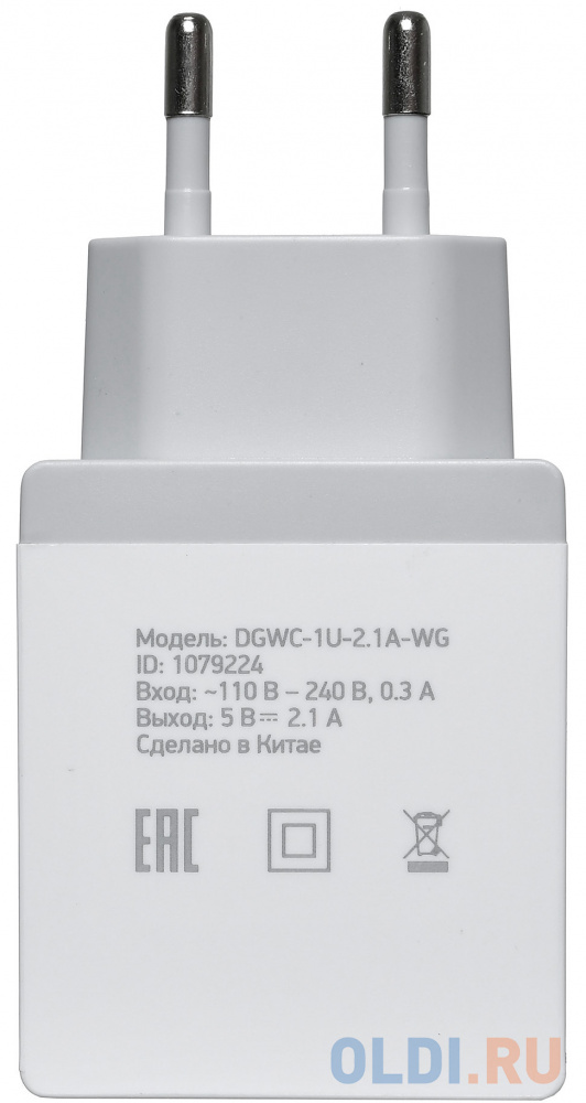 Сетевое зарядное устройство Digma DGWC-1U-2.1A-WG 2.1A белый фото