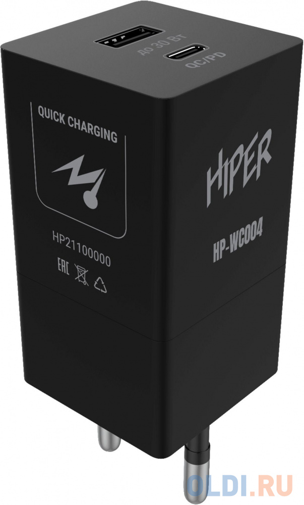 HIPER СЗУ 30 Вт, QC/PD, TYPE-C + USB A, черный (HP-WC004)