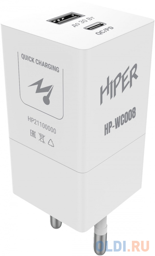 HIPER СЗУ 30 Вт, QC/PD, TYPE-C + USB A, белый (HP-WC008) - фото 1