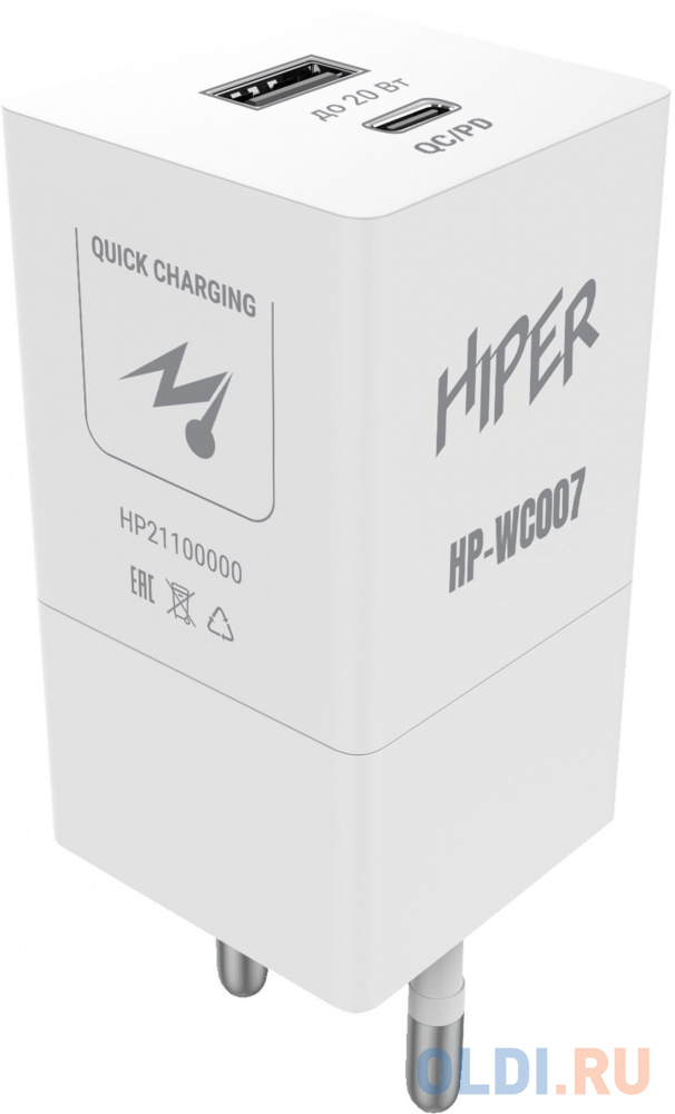 HIPER СЗУ 20 Вт, QC/PD, TYPE-C + USB A, белый (HP-WC007) - фото 1