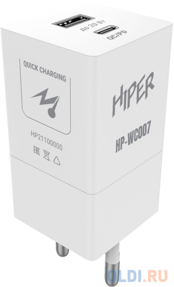 HIPER СЗУ 20 Вт, QC/PD, TYPE-C + USB A, белый (HP-WC007)