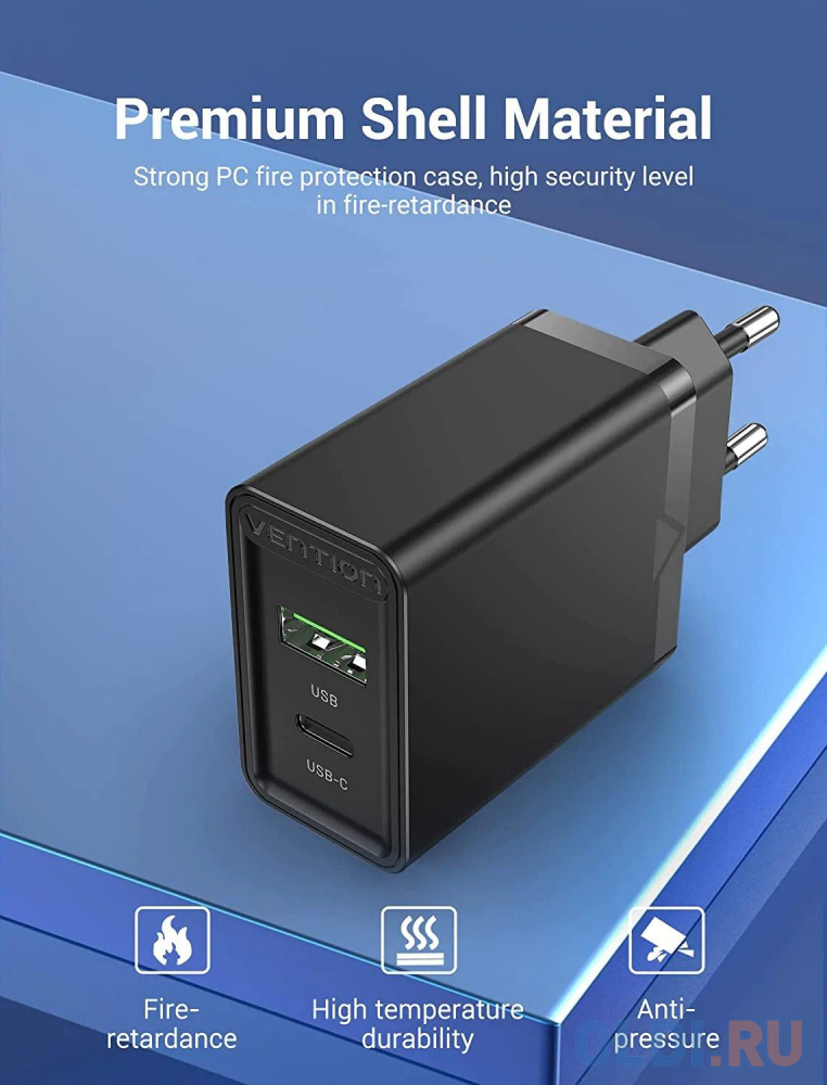 Vention 2-port USB(A+C) Wall Charger (18W/20W) EU-Plug Black фото