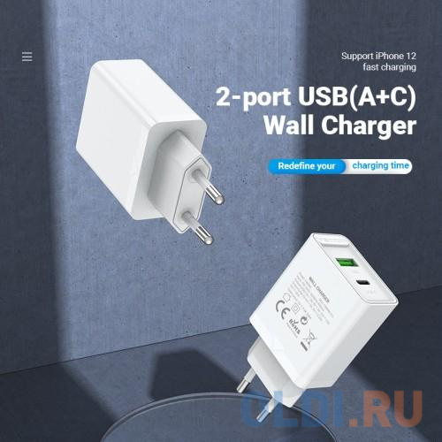 Vention 2-port USB(A+C) Wall Charger (18W/20W) EU-Plug White FBBW0-EU - фото 2