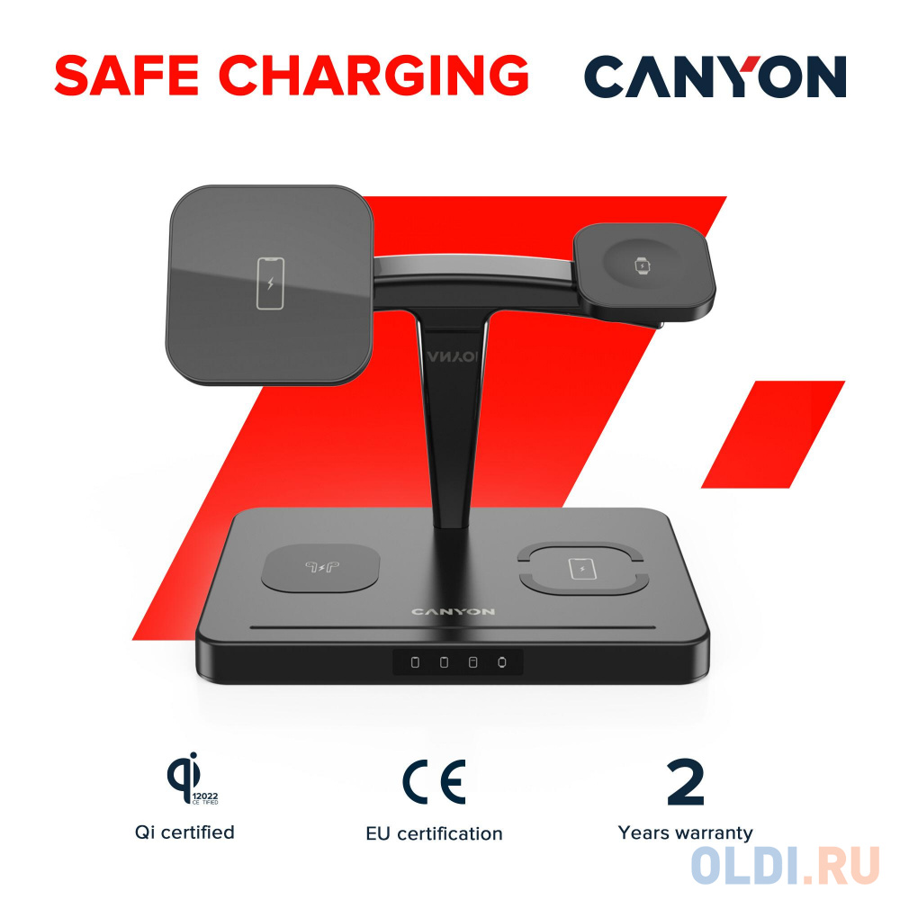 CANYON WS-404 4in1 Wireless charger, with input 12V3A DC Eu adapter , Output 15W/10W/7.5W/5W, 161*105*138mm, 0.510Kg, Black CNS-WCS404B - фото 4