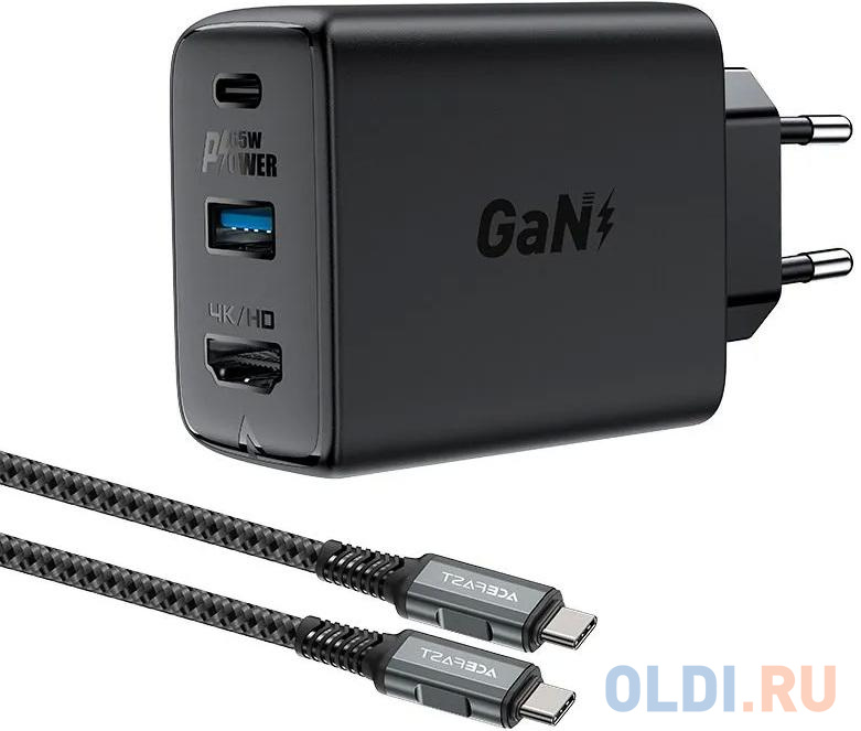 Сетевое зарядное устройство ACEFAST A17 65W GaN multi-function HUB charger set EU с кабелем USB-C - USB-C. Цвет: черный AF-A17-BK - фото 1