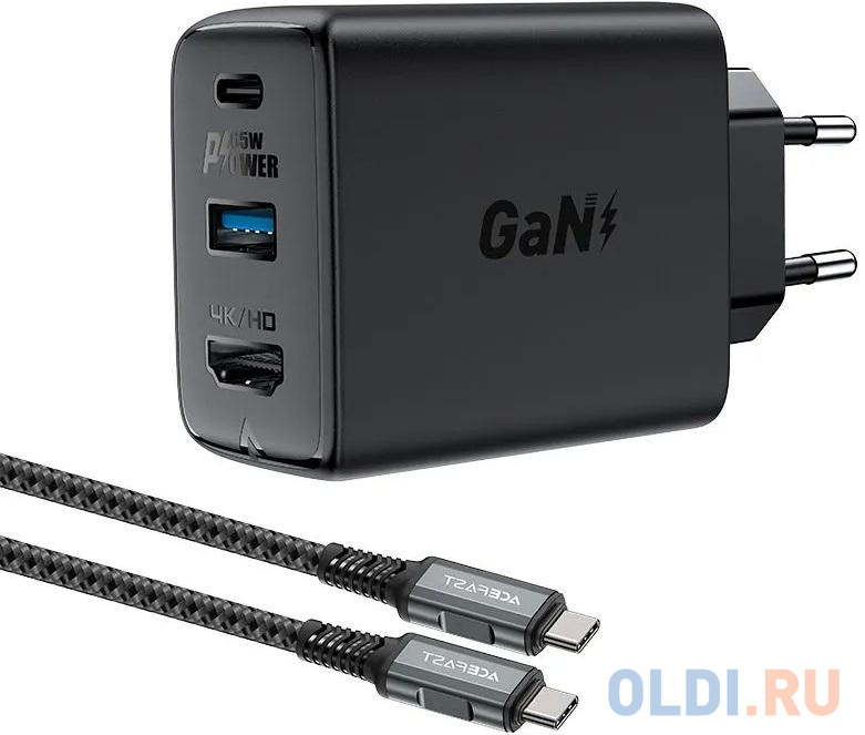 

Сетевое зарядное устройство ACEFAST A17 65W GaN multi-function HUB charger set EU с кабелем USB-C - USB-C. Цвет: черный
