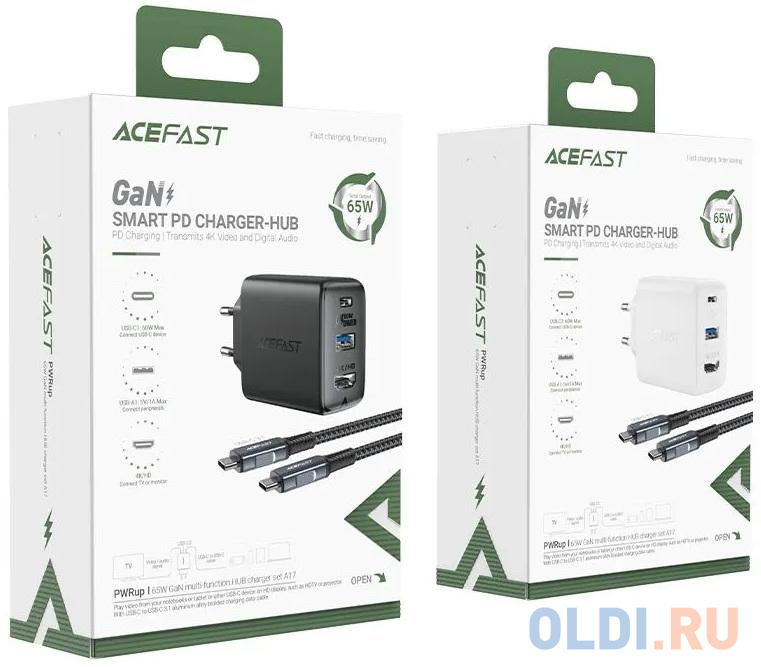 Сетевое зарядное устройство ACEFAST A17 65W GaN multi-function HUB charger set EU с кабелем USB-C - USB-C. Цвет: черный AF-A17-BK - фото 4