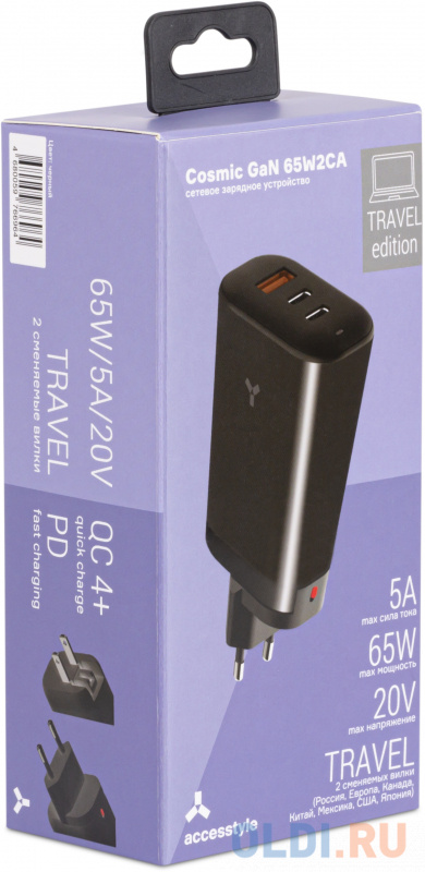 Сетевое зарядное устройство AccesStyle Cosmic GaN 3 А USB USB-C черный фото