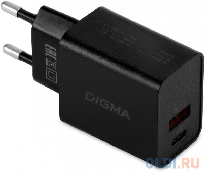 Сетевое зар./устр. Digma DGW2D 20W 3A+1A (PD+QC) USB-C/USB-A универсальное черный (DGW2D0F110BK) - фото 2