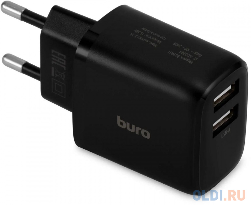 Сетевое зарядное устройство Buro BUWH1, 2xUSB, 15.5Вт, 3.1A, черный [buwh15s200bk] - BUWH15S200BK