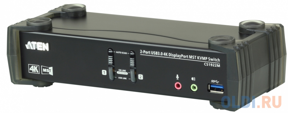Переключатель KVM ATEN  CS1922M-AT-G KVM+Audio+USB 3.0,  1 user USB+DP =  2 cpu USB+DP, со шнурами DP 2x1.5м.+USB 2х1.8м., 3840x2160 60Hz UHD/4096x216, размер 21.00 x 8.80 x 5.55 cm