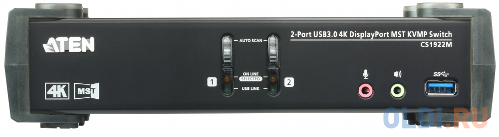 Переключатель KVM ATEN  CS1922M-AT-G KVM+Audio+USB 3.0,  1 user USB+DP =  2 cpu USB+DP, со шнурами DP 2x1.5м.+USB 2х1.8м., 3840x2160 60Hz UHD/4096x216, размер 21.00 x 8.80 x 5.55 cm - фото 2