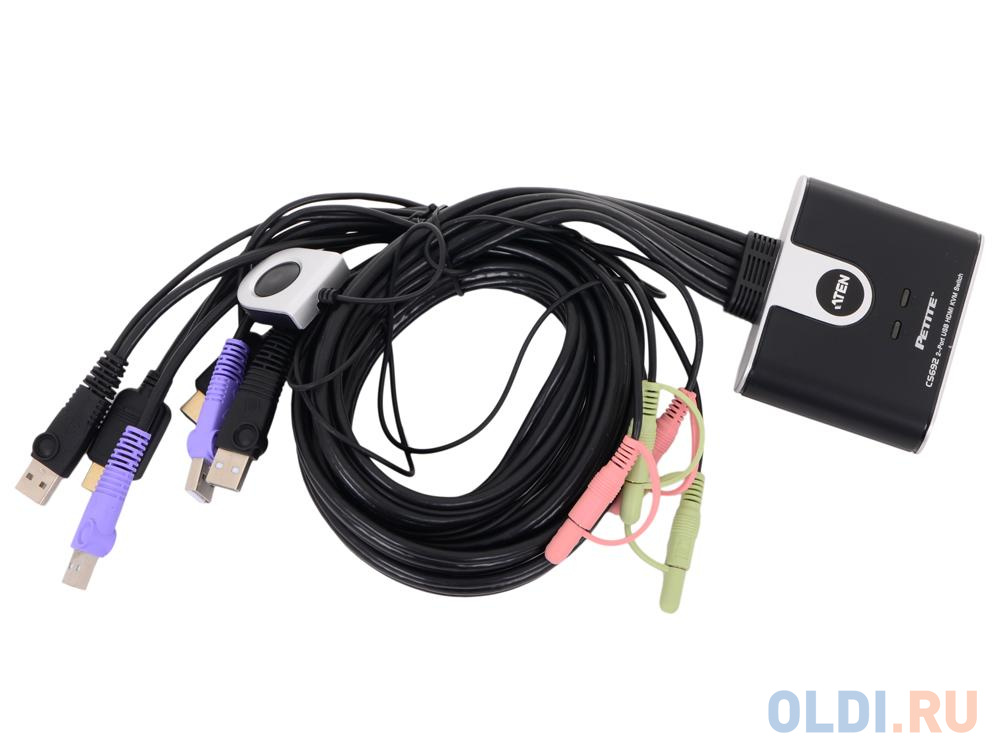 Переключатель KVM ATEN (CS692-AT) KVM+Audio,  1 user USB+HDMI =>  2 cpu USB+HDMI, со встр.шнурами USB+Audio 2x1.2м., 1920x1200, настол., исп.стандарт - фото 1