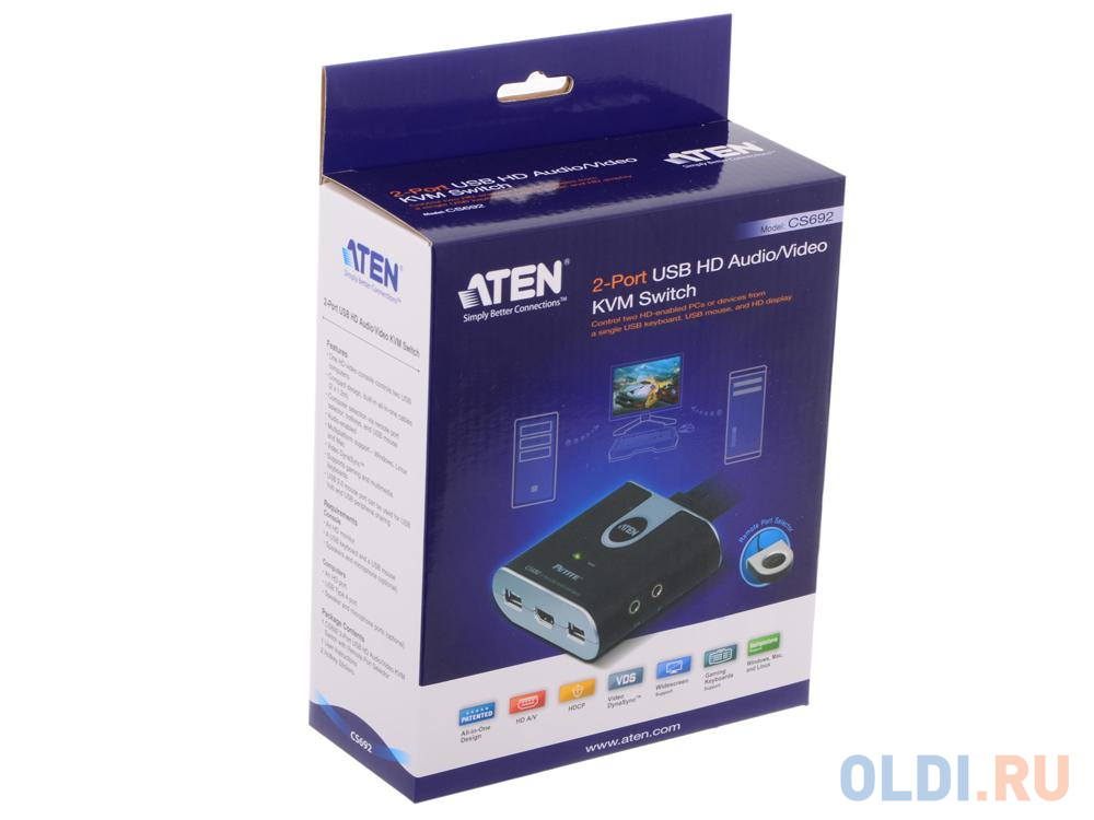 Переключатель KVM ATEN (CS692-AT) KVM+Audio,  1 user USB+HDMI =>  2 cpu USB+HDMI, со встр.шнурами USB+Audio 2x1.2м., 1920x1200, настол., исп.стандарт - фото 5