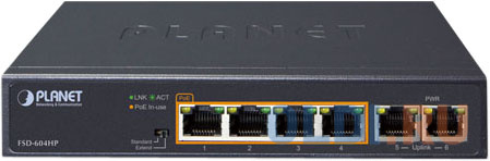 4-Port 10/100TX 802.3at POE + 2-Port 10/100TX Desktop Switch (60W POE Budget, 250m Extend mode, fanless, internal Power Supply) FSD-604HP - фото 2