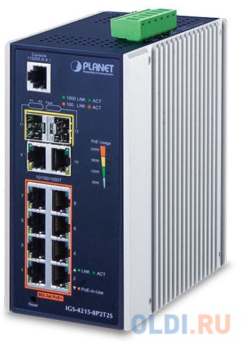 IP30 Industrial L2/L4 8-Port 10/100/1000T 802.3at PoE + 2-Port 10/100/100T + 2-Port 100/1000X SFP Managed Switch (-40~75 degrees C), dual redundant power input on 48~56VDC terminal block, SNMPv3, 802.1Q VLAN, IGMP Snooping, SSL, SSH, ACL IGS-4215-8P2T2S - фото 1