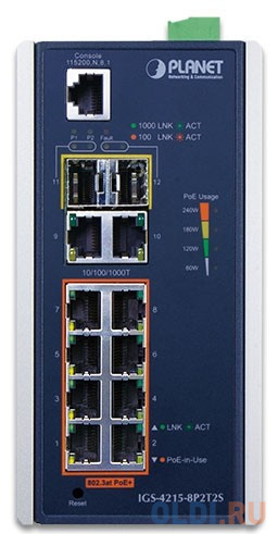 IP30 Industrial L2/L4 8-Port 10/100/1000T 802.3at PoE + 2-Port 10/100/100T + 2-Port 100/1000X SFP Managed Switch (-40~75 degrees C), dual redundant power input on 48~56VDC terminal block, SNMPv3, 802.1Q VLAN, IGMP Snooping, SSL, SSH, ACL IGS-4215-8P2T2S - фото 2