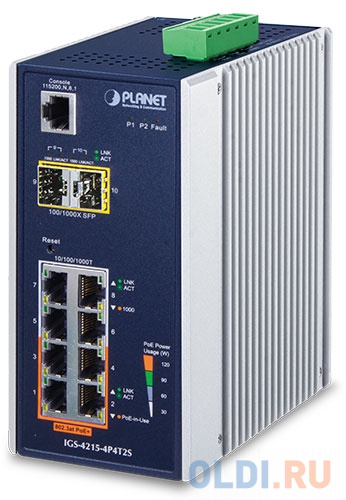 IP30 Industrial L2/L4 4-Port 10/100/1000T 802.3at PoE + 4-Port 10/100/100T + 2-Port 100/1000X SFP Managed Switch (-40~75 degrees C), dual redundant power input on 48~56VDC terminal block, SNMPv3, 802.1Q VLAN, IGMP Snooping, SSL, SSH, ACL от OLDI