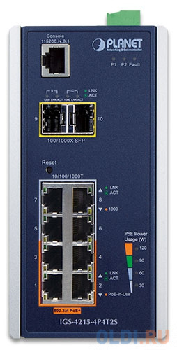 IP30 Industrial L2/L4 4-Port 10/100/1000T 802.3at PoE + 4-Port 10/100/100T + 2-Port 100/1000X SFP Managed Switch (-40~75 degrees C), dual redundant power input on 48~56VDC terminal block, SNMPv3, 802.1Q VLAN, IGMP Snooping, SSL, SSH, ACL IGS-4215-4P4T2S - фото 2
