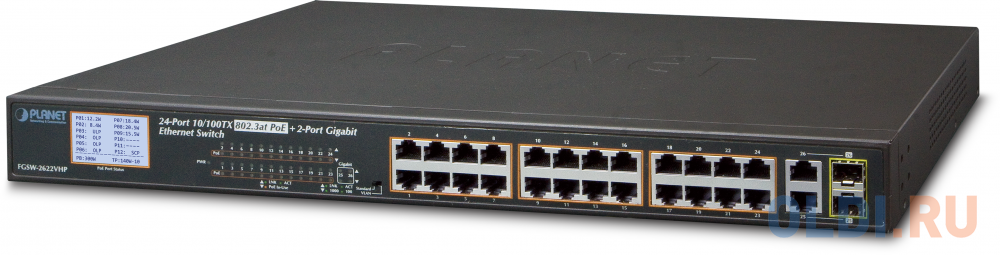 24-Port 10/100TX 802.3at PoE + 2-Port Gigabit TP/SFP Combo Ethernet Switch with LCD PoE Monitor (300W)