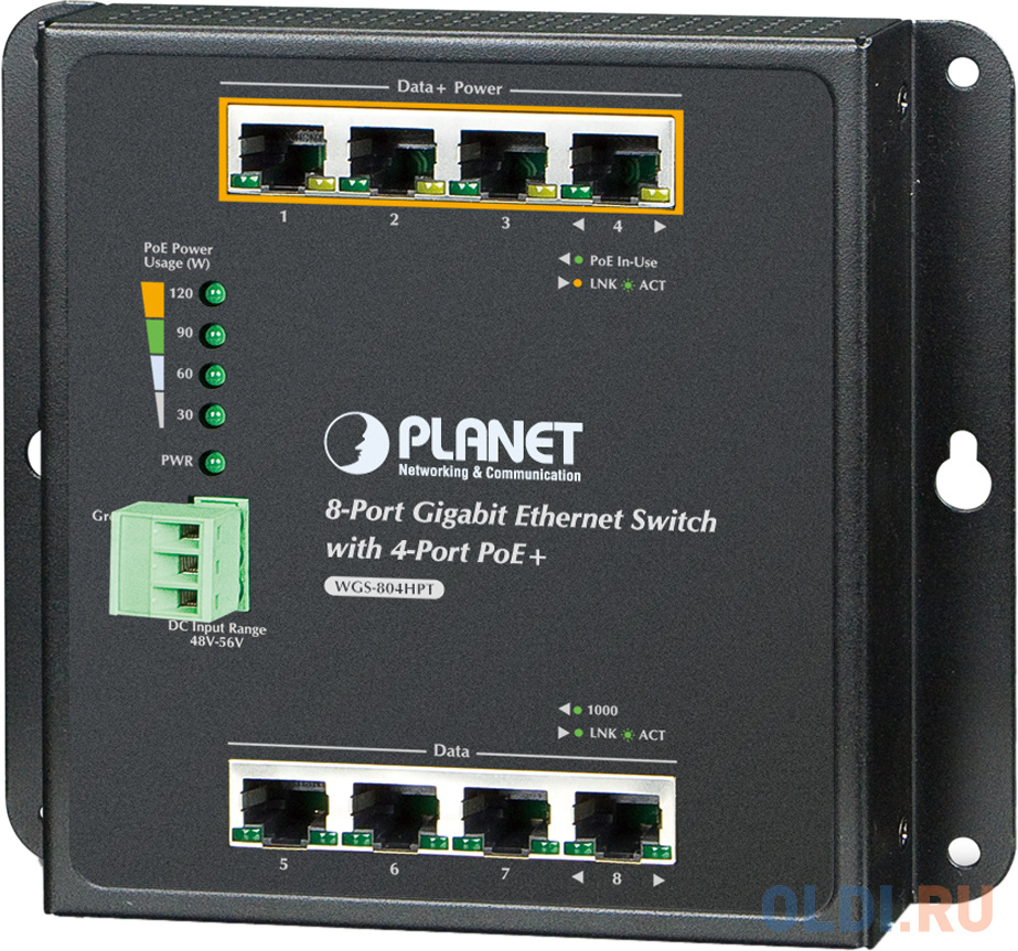 IP30, IPv6/IPv4, 8-Port 1000TP Wall-mount Managed Ethernet Switch with 4-Port 802.3AT POE+ (-40 to 75 C), dual redundant power input on 48-56VDC terminal block and power jack, SNMPv3, 802.1Q VLAN, IGMP Snooping, SSL, SSH, ACL WGS-804HPT - фото 1