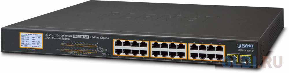 24-Port 10/100/1000T 802.3at PoE + 2-Port 1000SX SFP Gigabit Switch with LCD PoE Monitor (300W PoE Budget, Standard/VLAN/Extend mode)