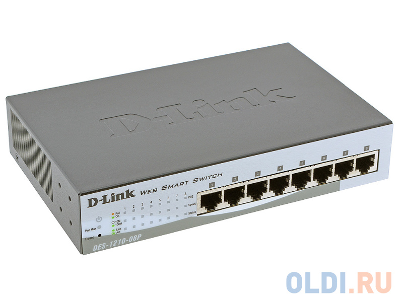 Коммутатор D-Link DES-1210-08P/C2A Настраиваемый коммутатор WebSmart с 8 портами 10/100Base-TX с поддержкой PoE 802.3af (15,4 Вт), PoE-бюджет 72 Вт - фото 1