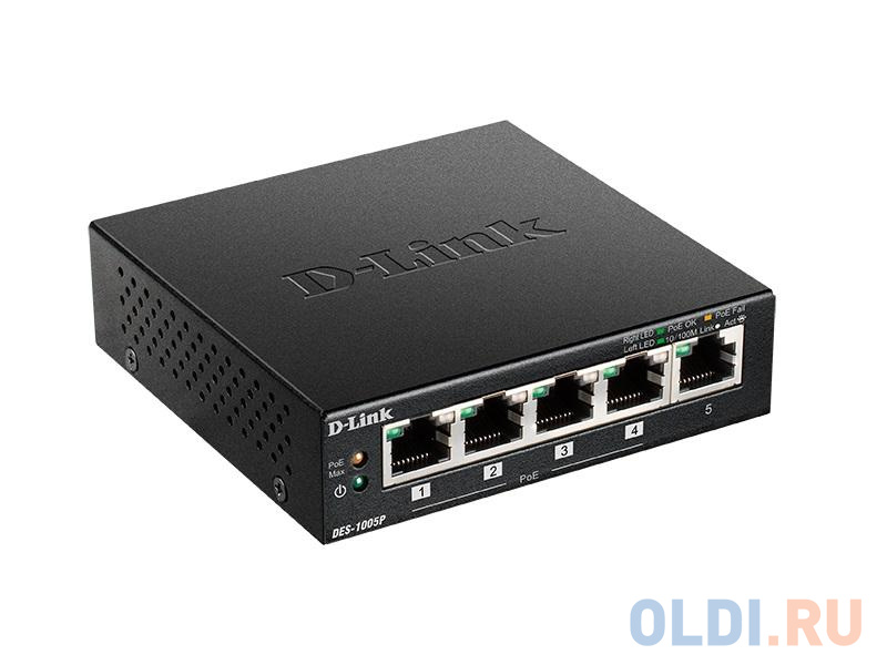Коммутатор D-Link Switch DES-1005P/B1A Неуправляемый коммутатор с 5 портами 10/100Base-TX, функцией энергосбережения и поддержкой QoS (4 порта с подде фото