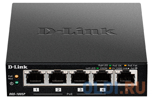 Коммутатор D-Link DGS-1005P/A1A Неуправляемый коммутатор с 5 портами 10/100/1000Base-T, функцией энергосбережения и поддержкой QoS (4 порта с поддержк DGS-1005P/A1A - фото 1