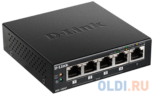 Коммутатор D-Link DGS-1005P/A1A Неуправляемый коммутатор с 5 портами 10/100/1000Base-T, функцией энергосбережения и поддержкой QoS (4 порта с поддержк фото