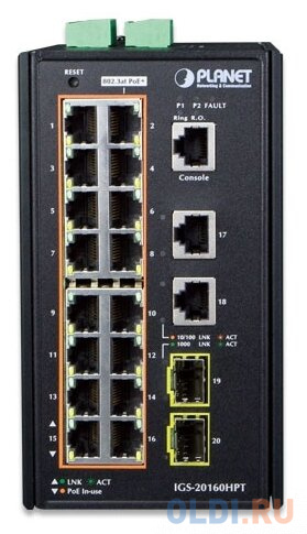 IP30 Industrial L2+/L4 16-Port 1000T 802.3at PoE+ 2-Port 1000T + 2-port 100/1000X SFP Full Managed Switch (-40 to 75 C, dual redundant power input on фото