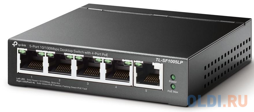 5-Port 10/100Mbps Unmanaged Switch with 4-Port PoE, meta case, desktop mount, PoE budget 41W, размер 100 х 98 х 25 мм TL-SF1005LP - фото 2