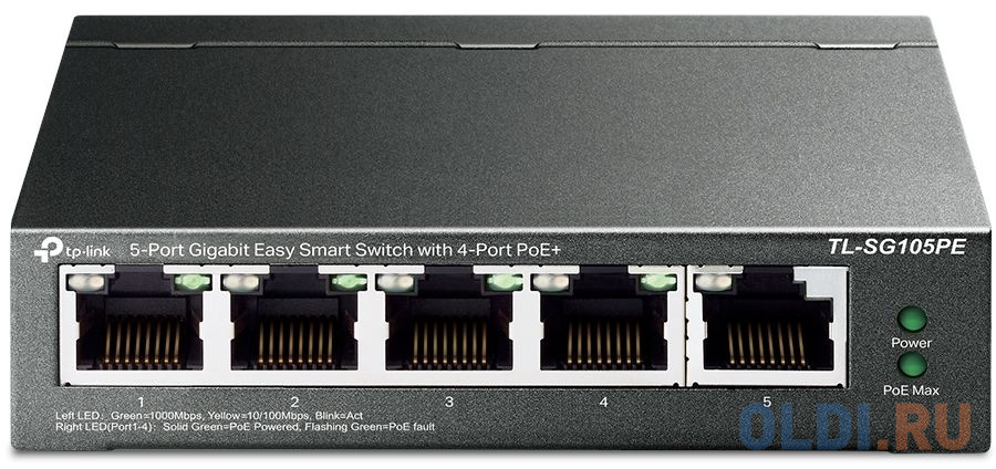 5-Port Gigabit Easy Smart Switch with 4-Port PoE+, metal case, desktop mount, PoE budget 65W, suppor TL-SG105PE - фото 1