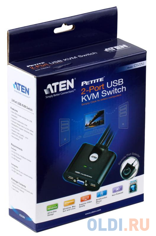 Переключатель KVM ATEN USB+VGA = 2 cpu USB+VGA, 2048x1536, настол., исп.стандарт.шнуры, без OSD (CS22U-A7|) от OLDI